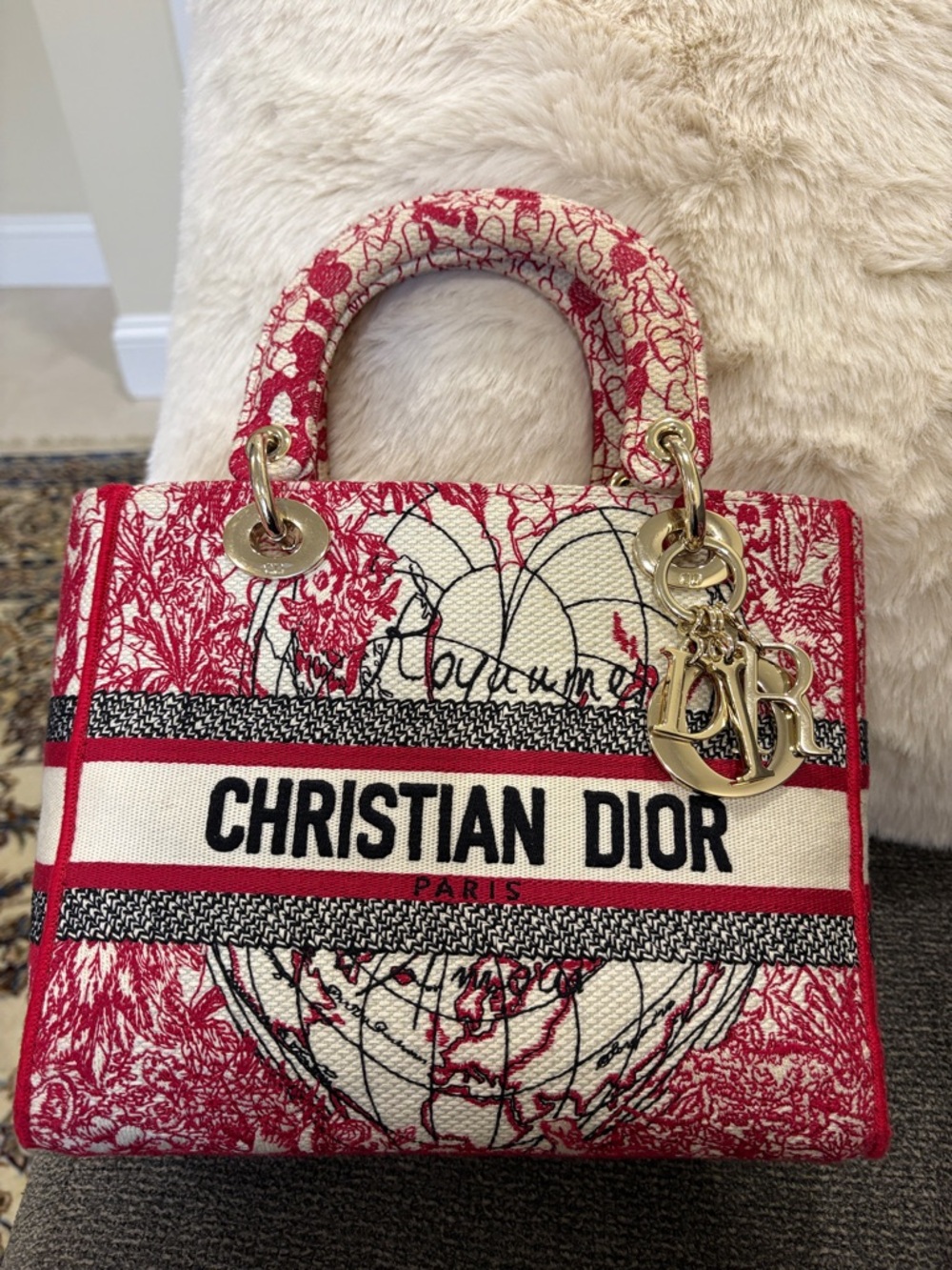 Red & White Embroidered Canvas Tote